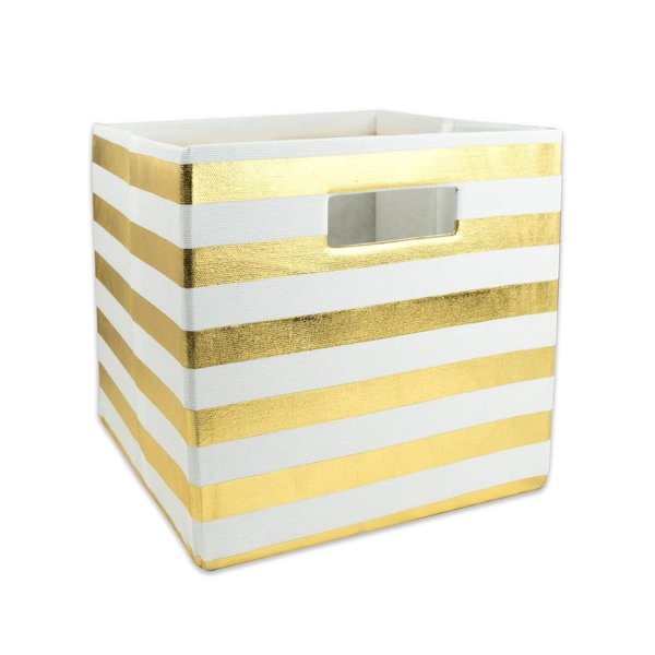 Design Imports 11 in x 11 in x 11 in Stripe Square Polyester Storage Cube, Gold CAMZ36651